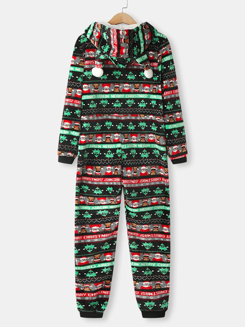 Kvinner Jul Flanell Trykt Glidelås Øre Detalj Langermet Onesies Hette Pyjamas