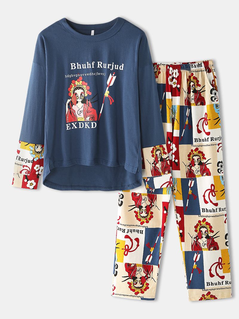 Kvinner Kinesisk Stil Figur & Letter Med Trykk Rund Hals Langermet Elastisk Midje Hjem Pyjamas Set