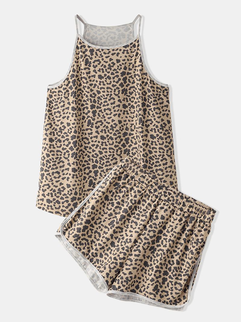 Kvinner Leopard Ermeløse Softies Rund Hals Løs Pyjamassett