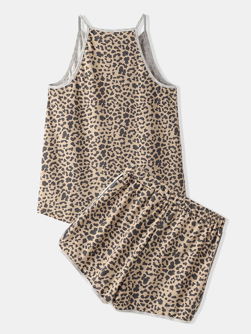 Kvinner Leopard Ermeløse Softies Rund Hals Løs Pyjamassett