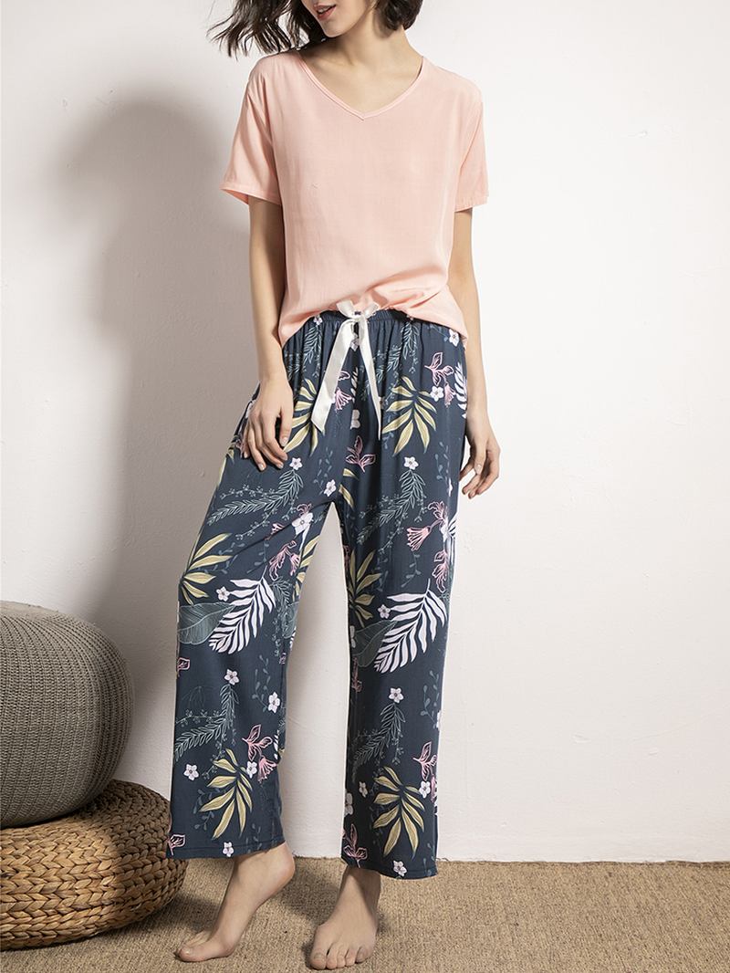 Kvinner Med Kortermet Topper Tropical Blomstrete Med Trykk Wide Leg Bukser Myk Pyjamas Set