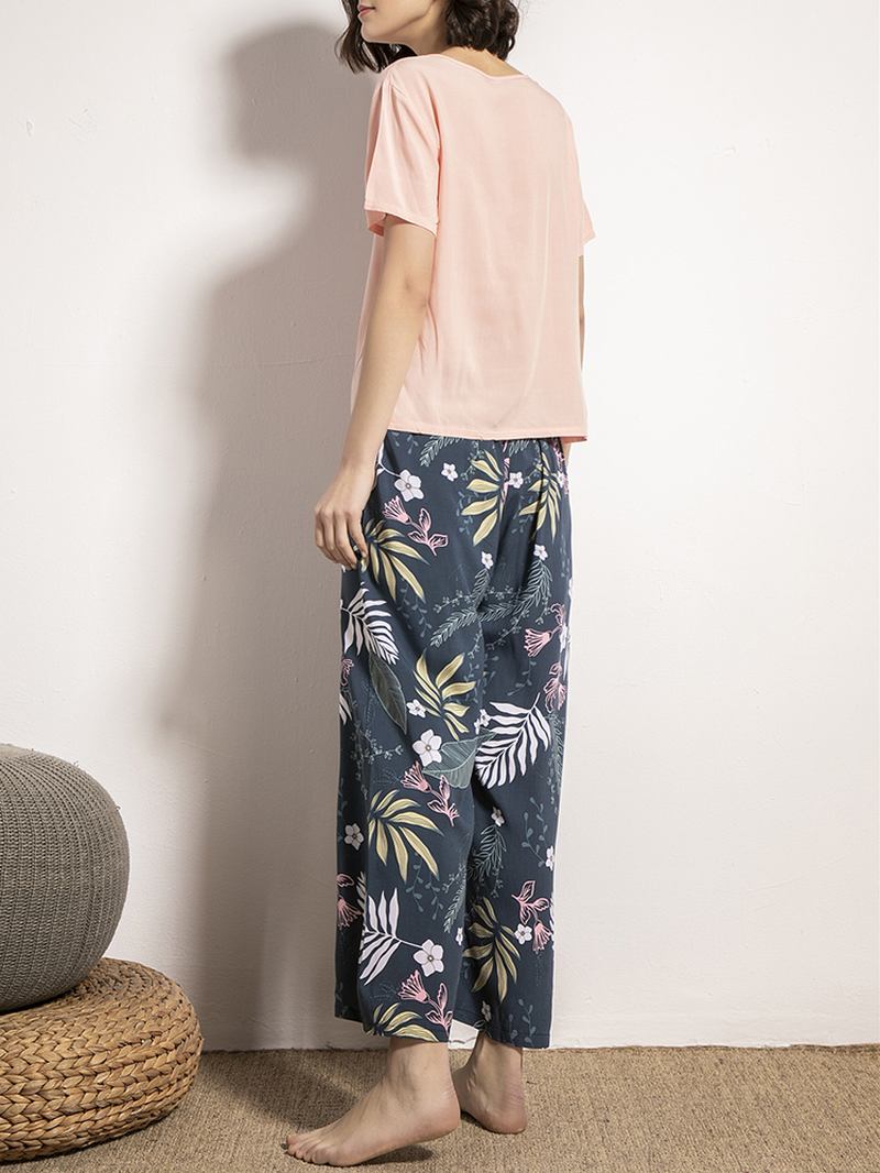 Kvinner Med Kortermet Topper Tropical Blomstrete Med Trykk Wide Leg Bukser Myk Pyjamas Set