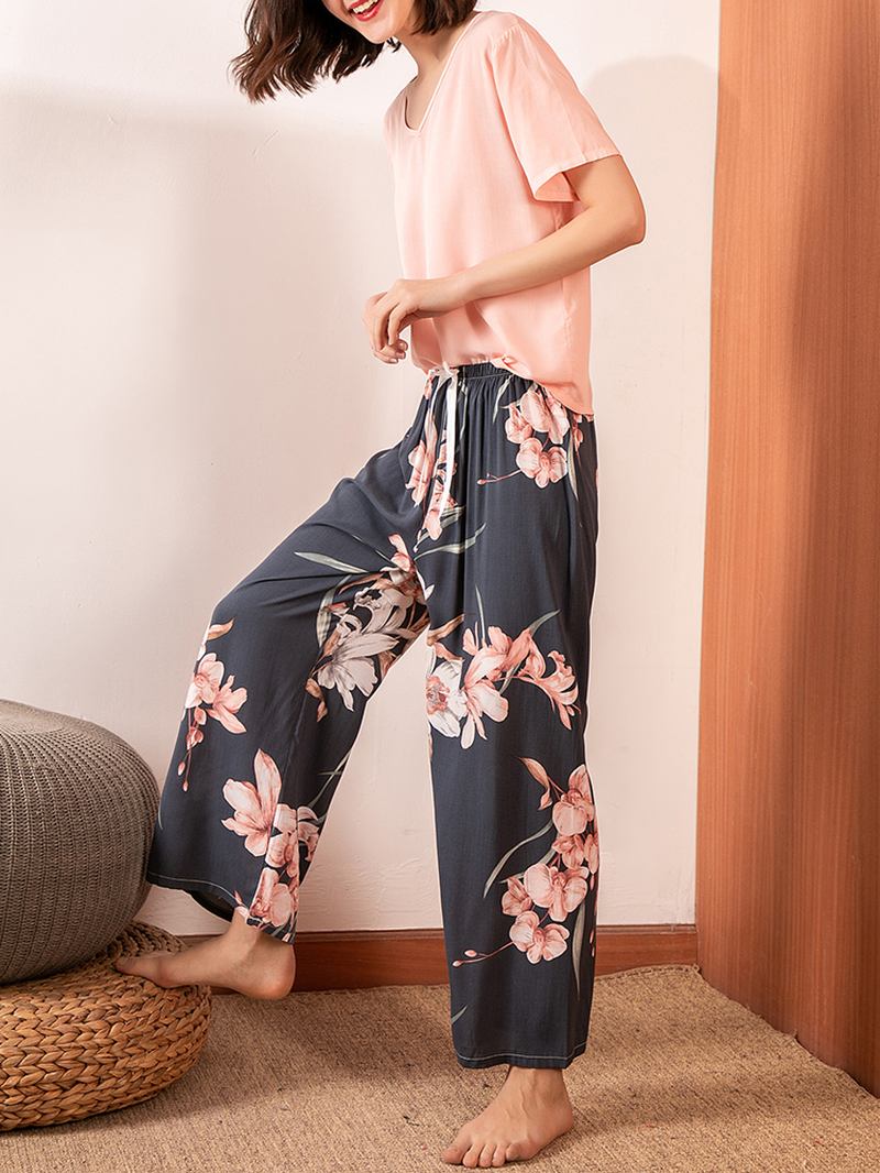 Kvinner Med Kortermet Topper Tropical Blomstrete Med Trykk Wide Leg Bukser Myk Pyjamas Set