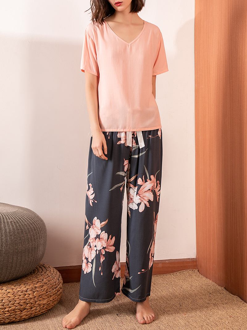 Kvinner Med Kortermet Topper Tropical Blomstrete Med Trykk Wide Leg Bukser Myk Pyjamas Set