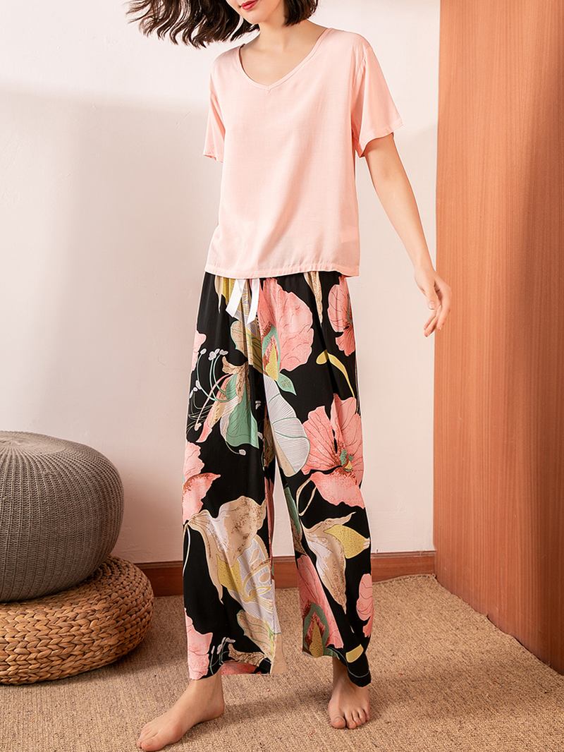 Kvinner Med Kortermet Topper Tropical Blomstrete Med Trykk Wide Leg Bukser Myk Pyjamas Set