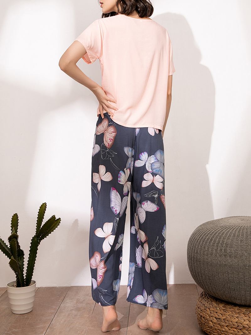 Kvinner Med Kortermet Topper Tropical Blomstrete Med Trykk Wide Leg Bukser Myk Pyjamas Set