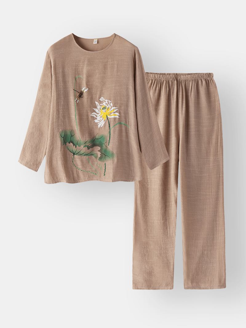 Kvinner Med Trykk Bomull Lin Softies Loungewear Langt Sett O-hals Løs Pustende Pyjamassett