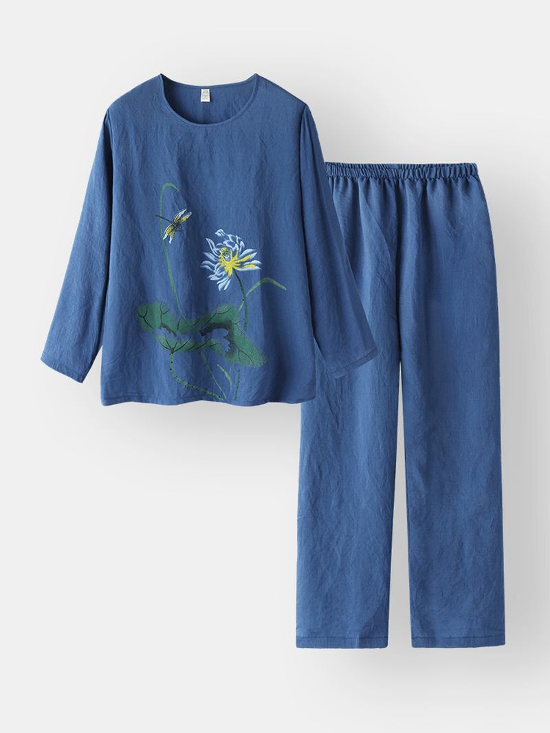 Kvinner Med Trykk Bomull Lin Softies Loungewear Langt Sett O-hals Løs Pustende Pyjamassett