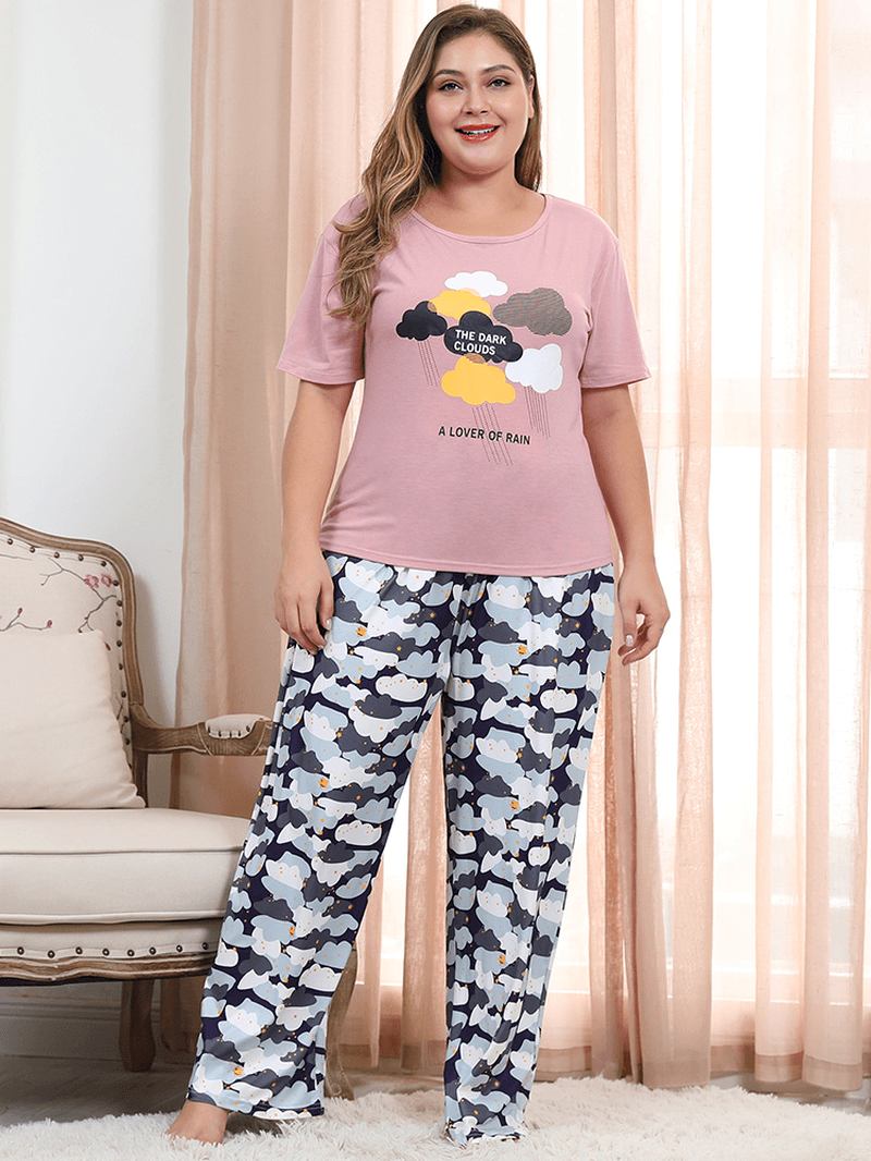 Kvinner Morsomme Skyer Med Trykk Kortermet Crew Neck Sommer Pyjamas Set