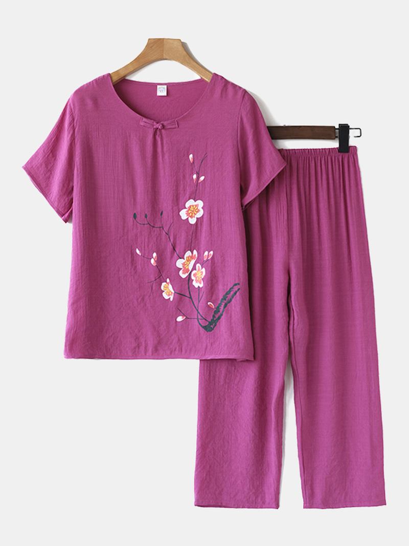 Kvinner Pluss Størrelse Blomster Med Trykk Loungewear Sett Pustende Mandarin Button Løs Pyjamas