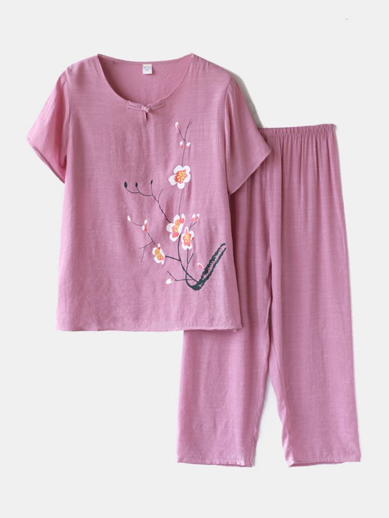 Kvinner Pluss Størrelse Blomster Med Trykk Loungewear Sett Pustende Mandarin Button Løs Pyjamas