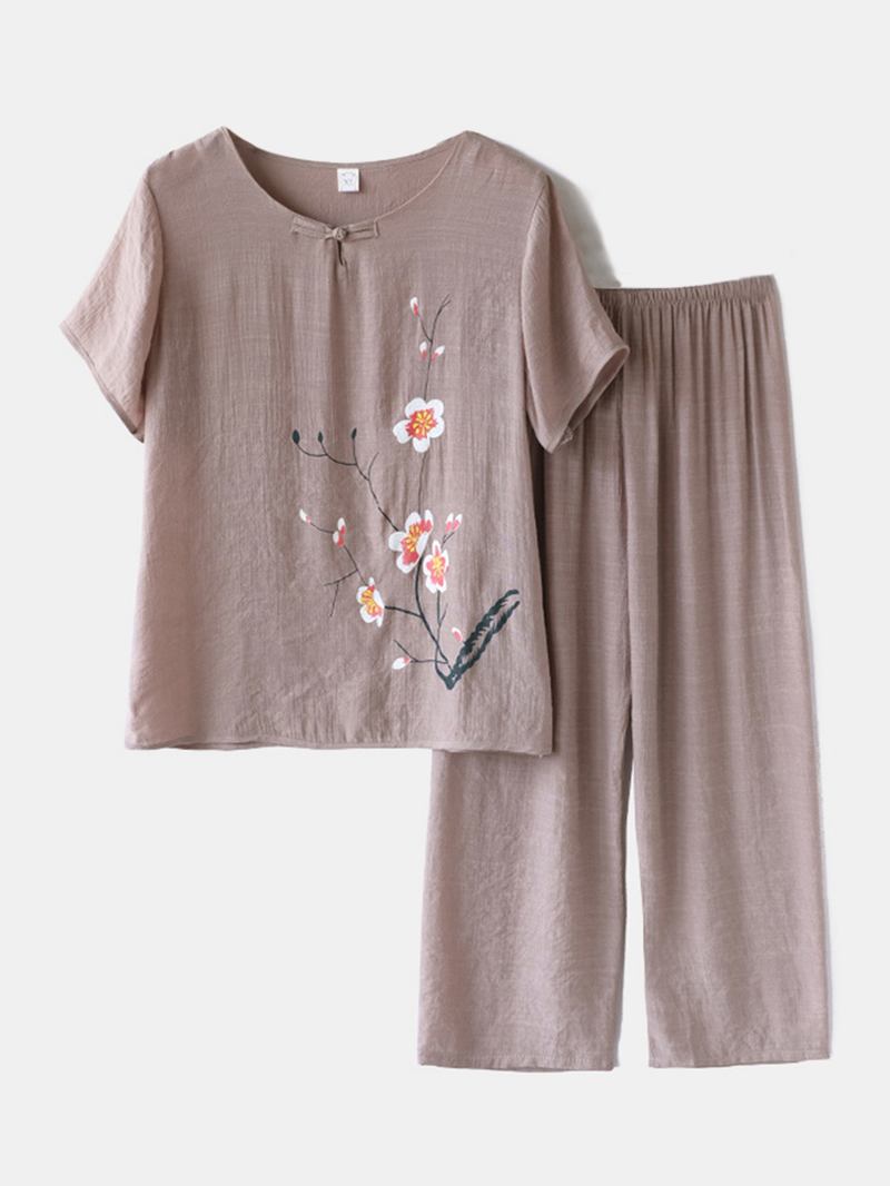 Kvinner Pluss Størrelse Blomster Med Trykk Loungewear Sett Pustende Mandarin Button Løs Pyjamas