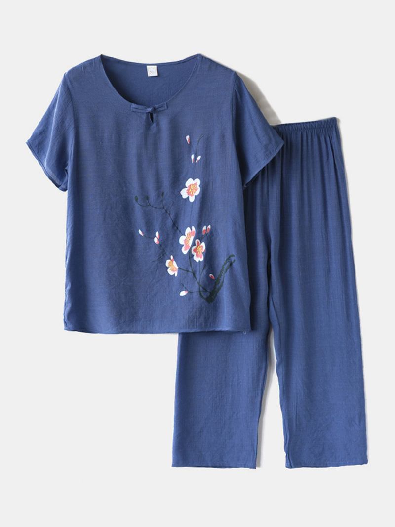 Kvinner Pluss Størrelse Blomster Med Trykk Loungewear Sett Pustende Mandarin Button Løs Pyjamas