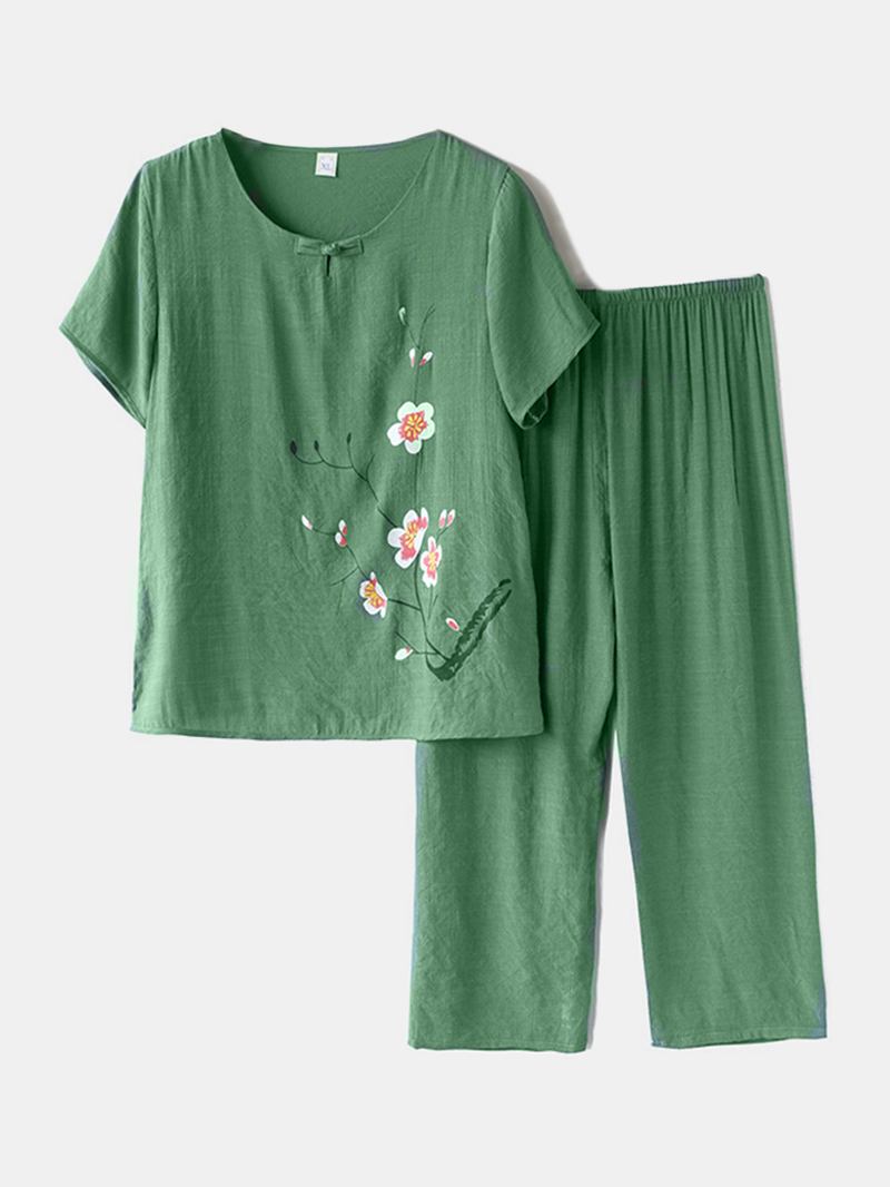 Kvinner Pluss Størrelse Blomster Med Trykk Loungewear Sett Pustende Mandarin Button Løs Pyjamas