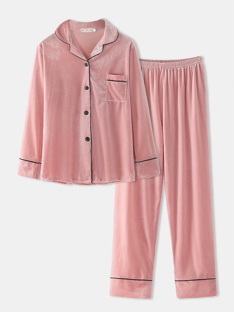 Kvinner Pluss Størrelse Velvet Lapel Button Løse Rette Bukser Homewear Lounge Solid Pyjamas Set