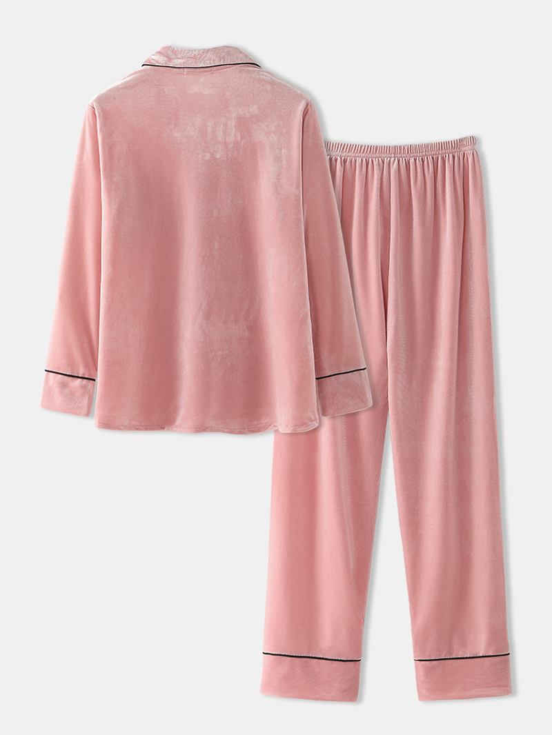 Kvinner Pluss Størrelse Velvet Lapel Button Løse Rette Bukser Homewear Lounge Solid Pyjamas Set