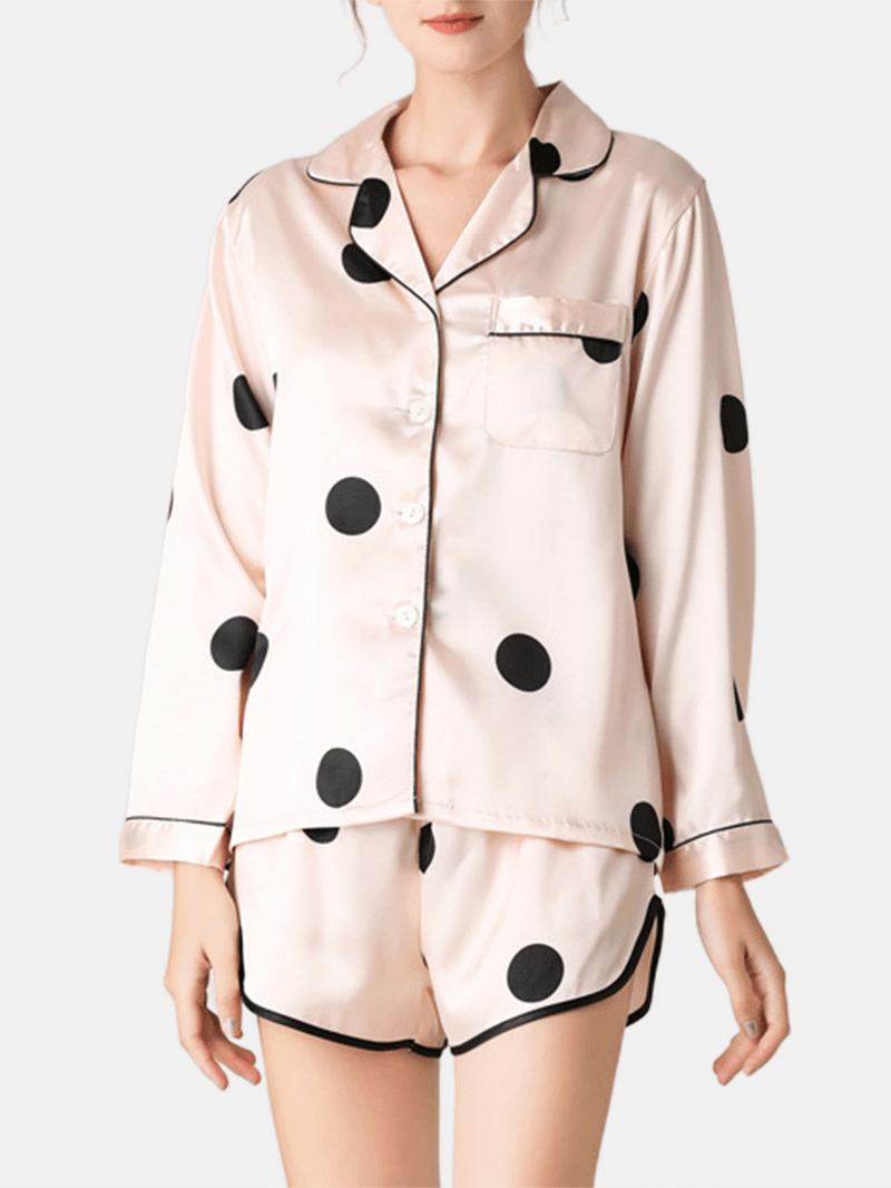 Kvinner Polka Dot Lapel Collar Rosa Faux Silke Langermet Løs Pajamas Set