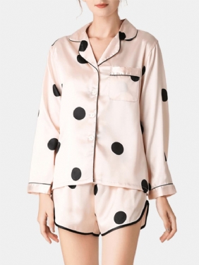 Kvinner Polka Dot Lapel Collar Rosa Faux Silke Langermet Løs Pajamas Set