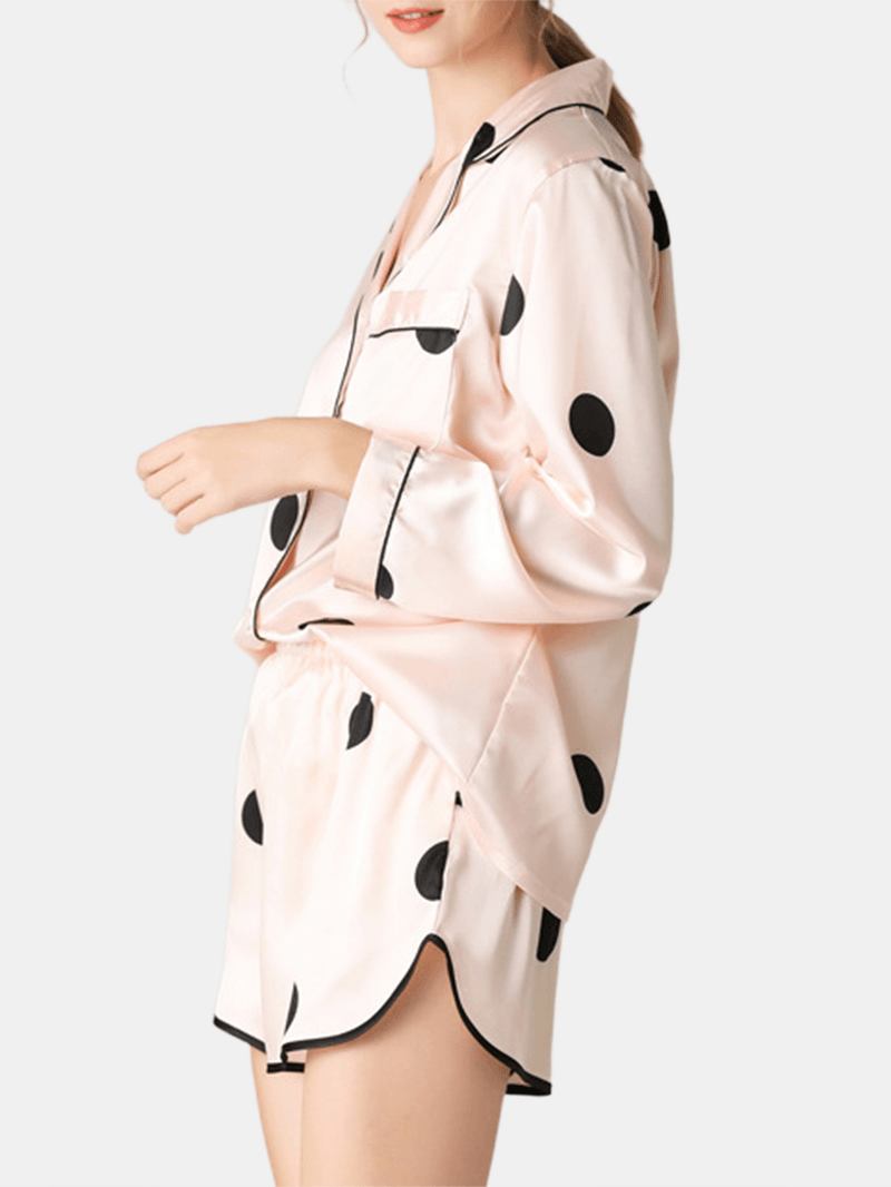 Kvinner Polka Dot Lapel Collar Rosa Faux Silke Langermet Løs Pajamas Set