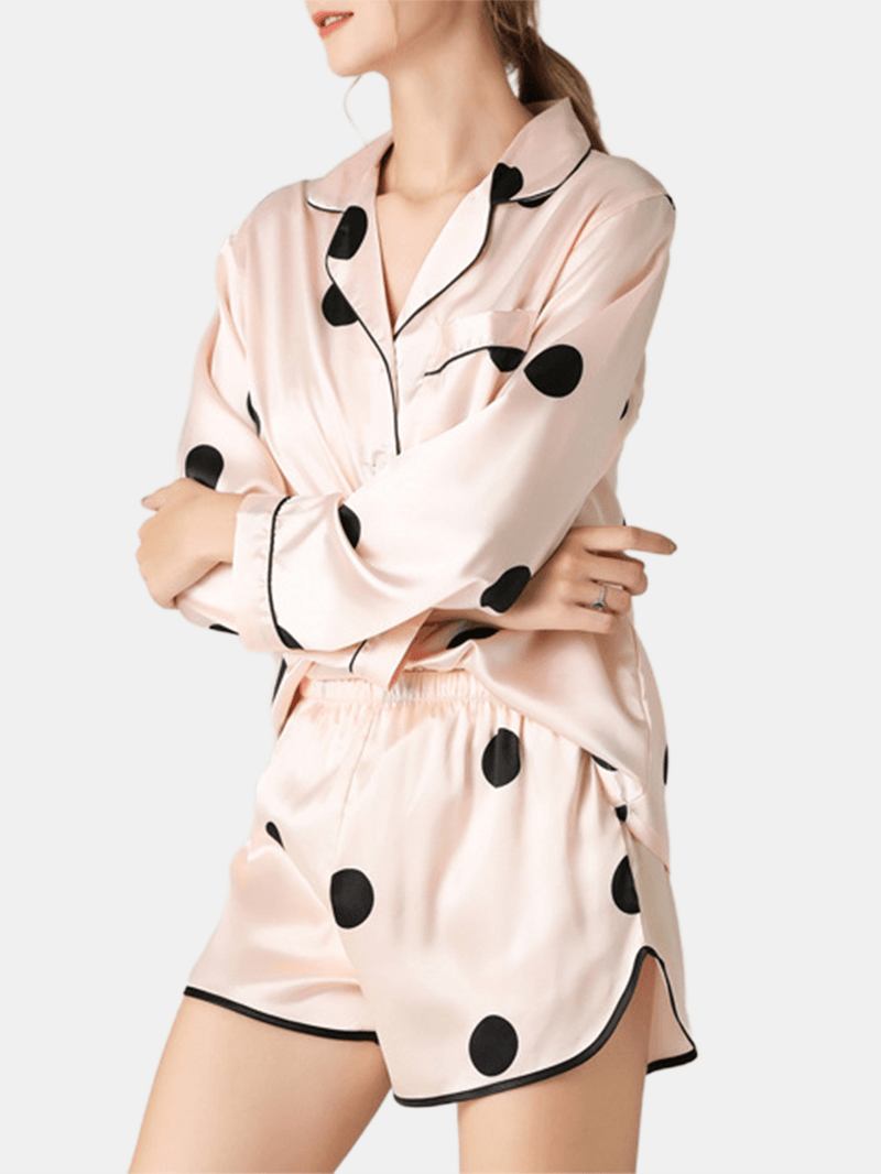 Kvinner Polka Dot Lapel Collar Rosa Faux Silke Langermet Løs Pajamas Set