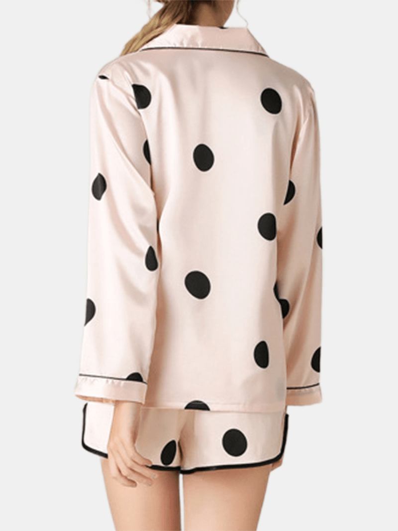 Kvinner Polka Dot Lapel Collar Rosa Faux Silke Langermet Løs Pajamas Set