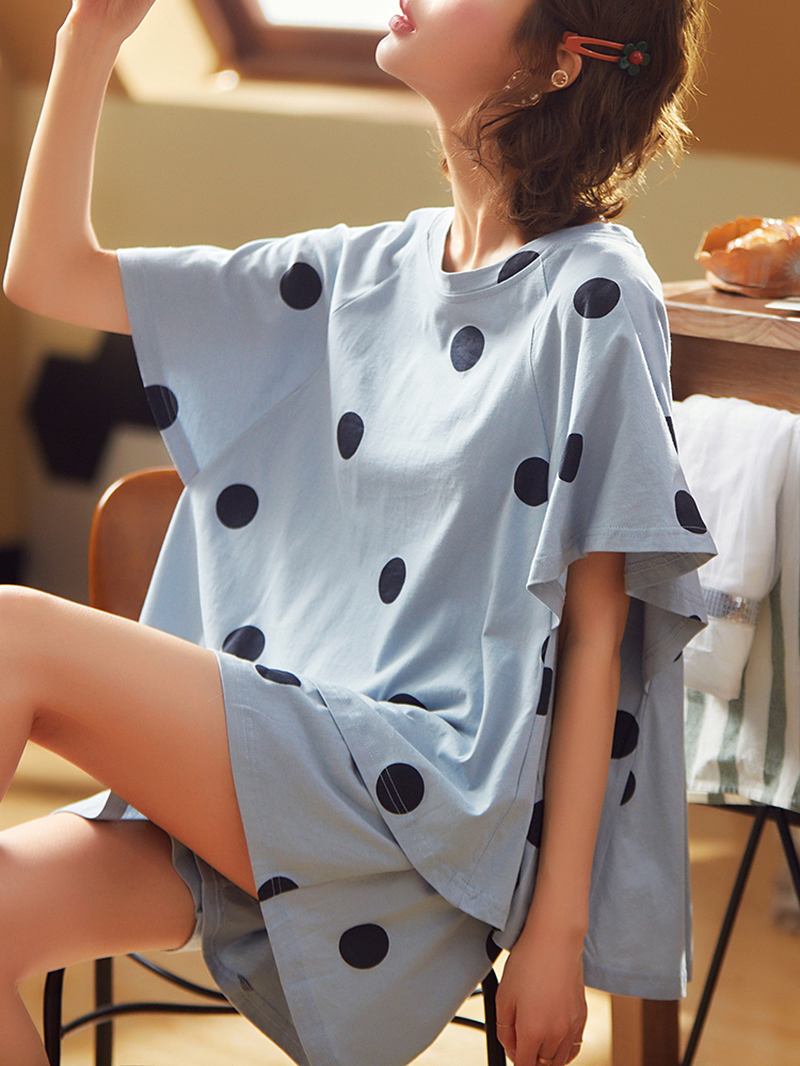 Kvinner Polka Dot Med Trykk Rund Hals Kortermet Shorts Fritids Pyjamas Sett