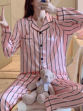 Kvinner Rosa Stripe Med Trykk Camp Krage Langermet Hjem Uformelt Faux Silk Pyjamas Sett