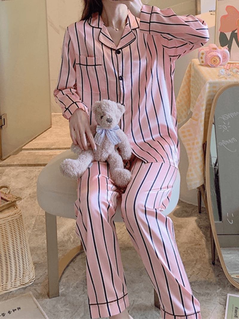 Kvinner Rosa Stripe Med Trykk Camp Krage Langermet Hjem Uformelt Faux Silk Pyjamas Sett