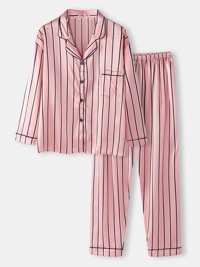 Kvinner Rosa Stripe Med Trykk Camp Krage Langermet Hjem Uformelt Faux Silk Pyjamas Sett