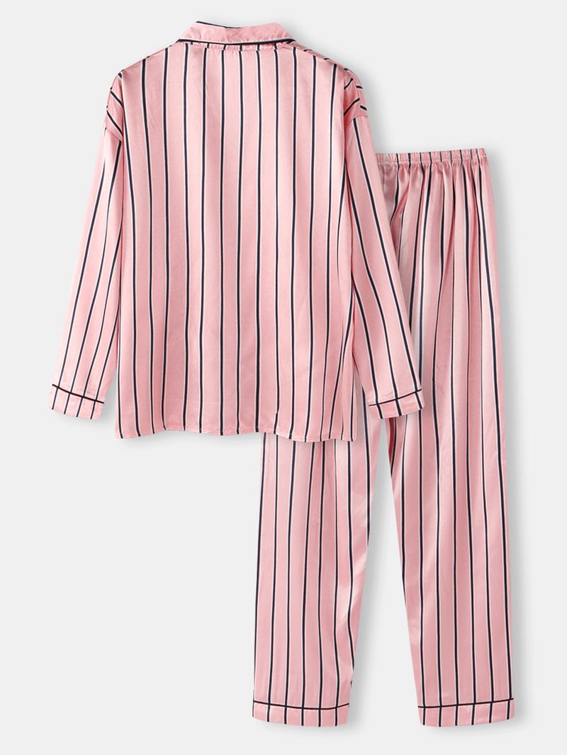 Kvinner Rosa Stripe Med Trykk Camp Krage Langermet Hjem Uformelt Faux Silk Pyjamas Sett