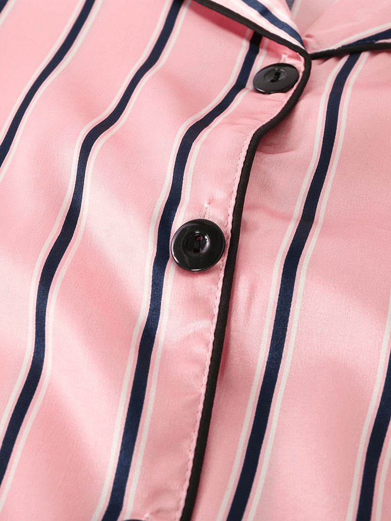 Kvinner Rosa Stripe Med Trykk Camp Krage Langermet Hjem Uformelt Faux Silk Pyjamas Sett