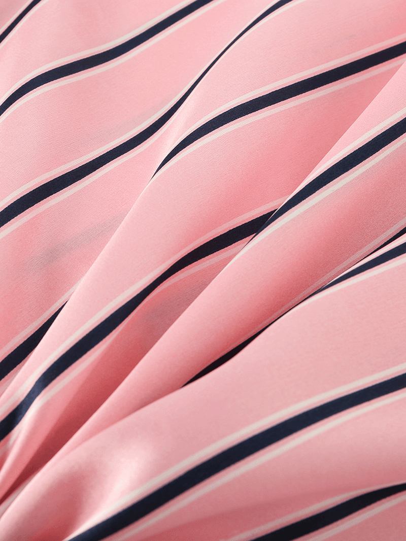 Kvinner Rosa Stripe Med Trykk Camp Krage Langermet Hjem Uformelt Faux Silk Pyjamas Sett