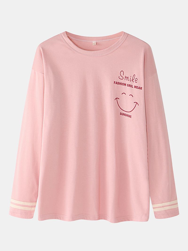 Kvinner Smile Face Med Trykk Drop Shoulder Striped Cuff Bomull Pullover Pyjamassett