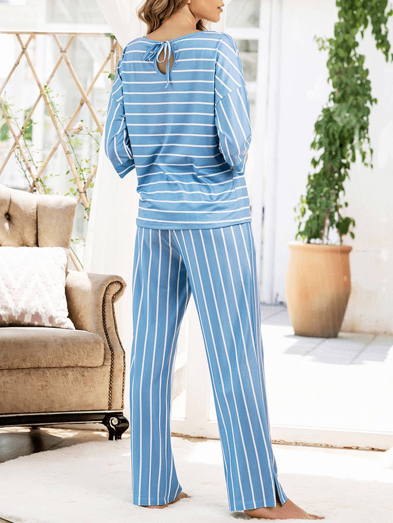 Kvinner Stripe Med Trykk Rund Hals Topper Pocket Pants Home Two Piece Pyjamas Set