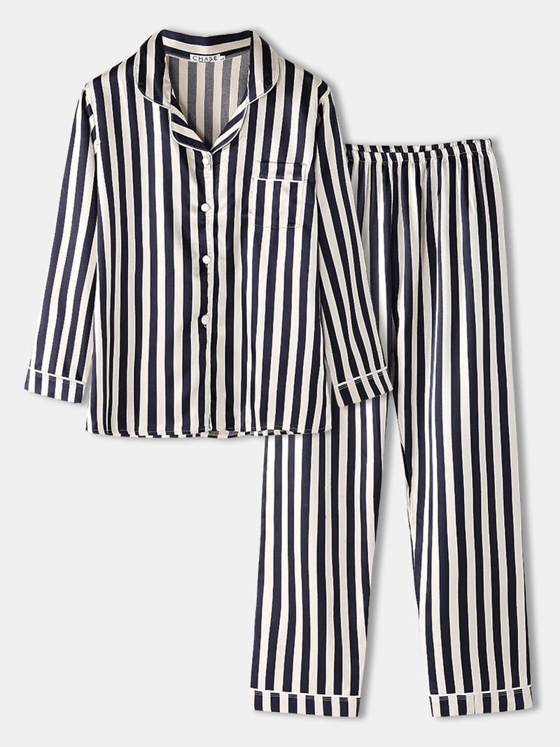 Kvinner Stripet Revere Krage Button Up Langermet Skjorte Todelt Pyjamassett