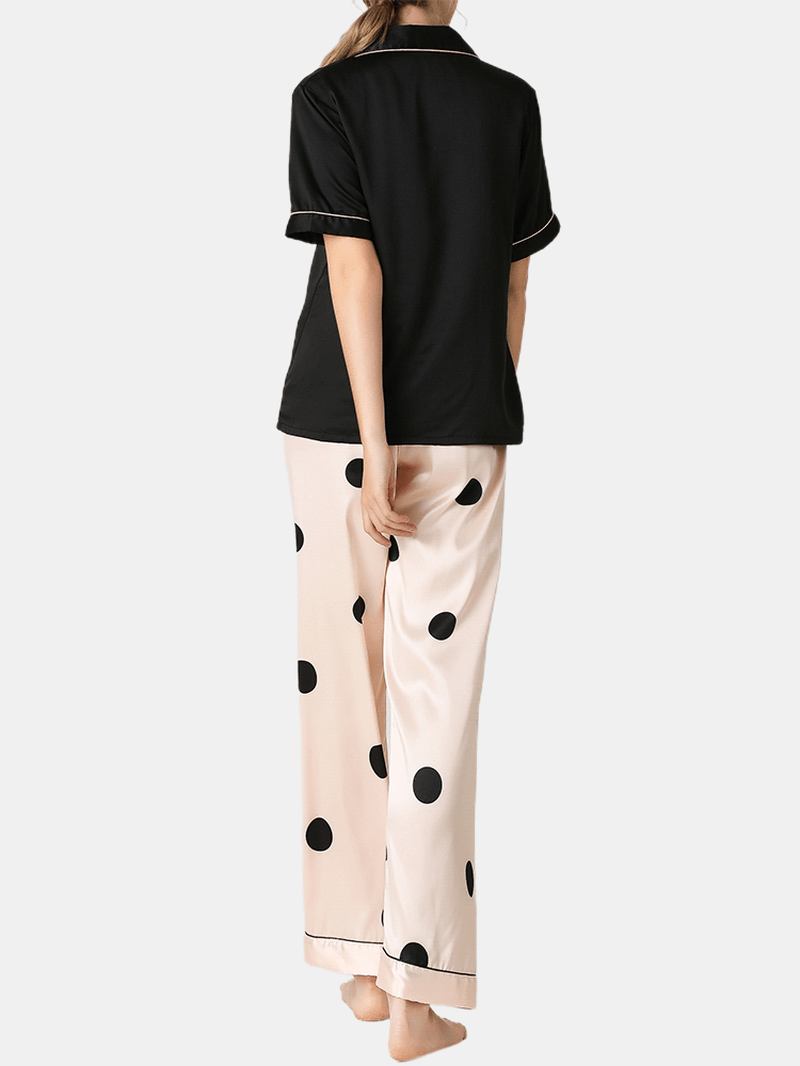 Kvinner Svart Revere Krage Kortermet Topp Polka Dot Pants Faux Silk Hjem Pyjamas Set