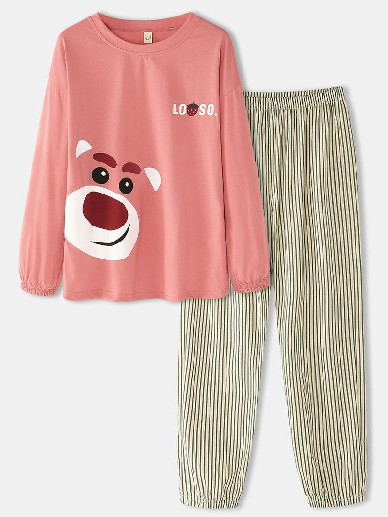 Kvinner Tegneserie Animal Med Trykk Bluse Stripe Jogger Bukser Bomull Hjem Fritids Pyjamas Set