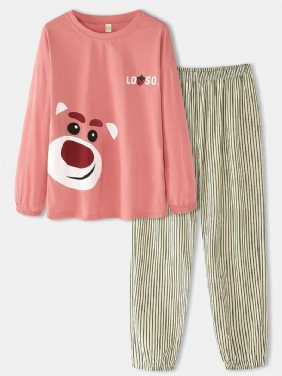 Kvinner Tegneserie Animal Med Trykk Bluse Stripe Jogger Bukser Bomull Hjem Fritids Pyjamas Set