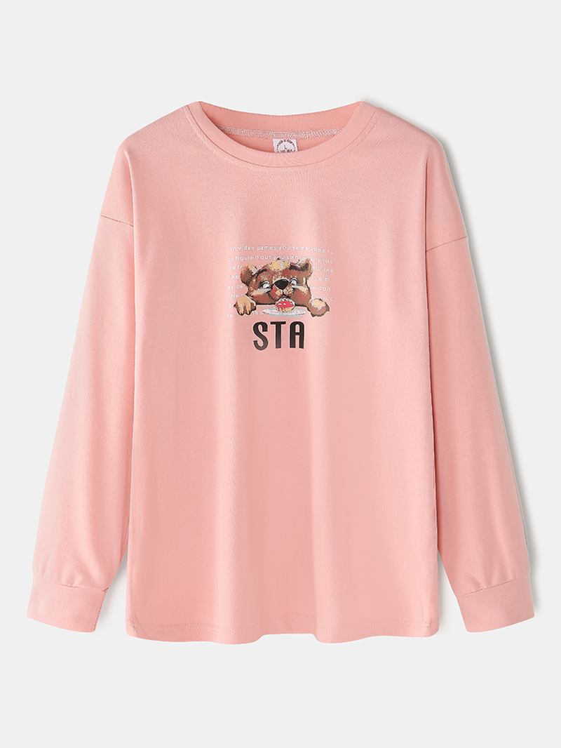 Kvinner Tegneserie Bjørn Med Trykk Drop Skulder Pullover Brev Elastisk Midjebukser Hjem Pyjamassett