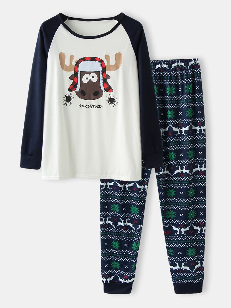 Kvinner Tegneserie Elg Med Trykk Raglan Sleeves Topptrykk Elastisk Midjebukser Hjem Christmas Pyjamas Set