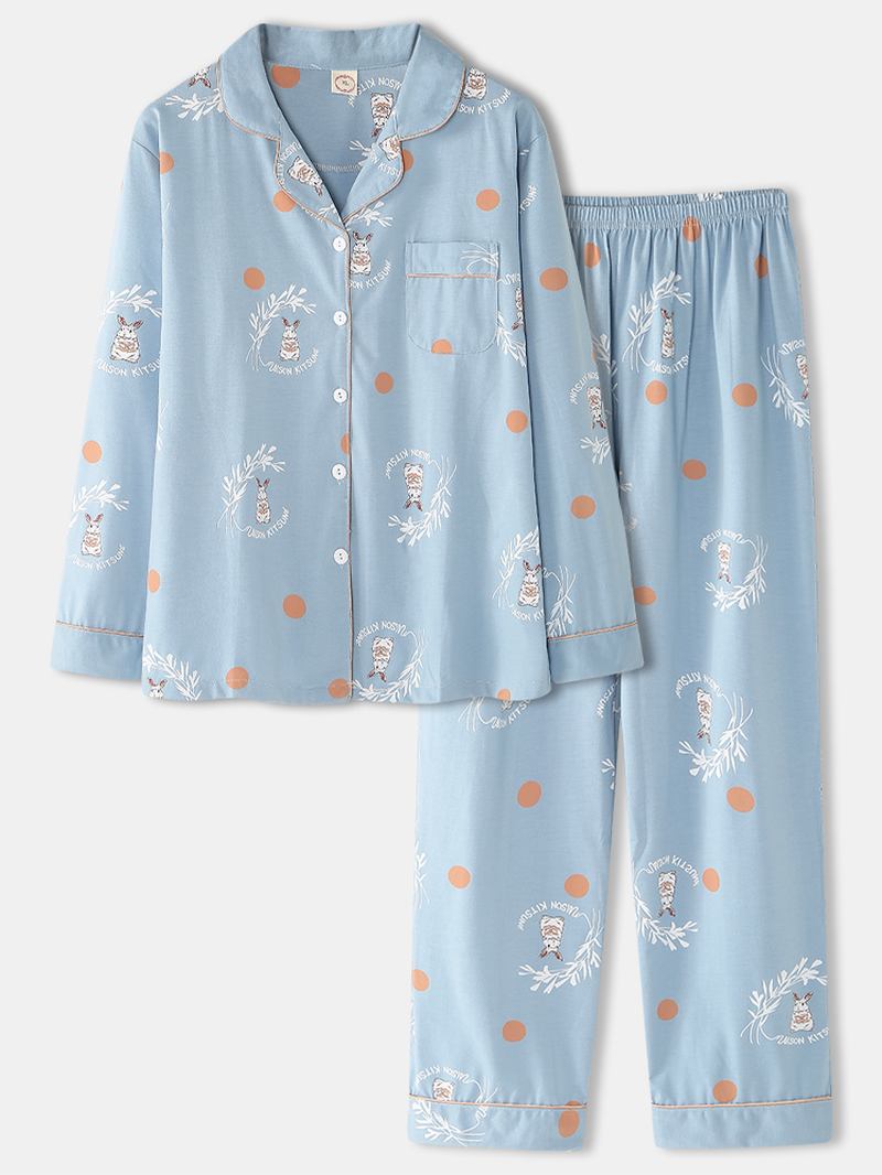 Kvinner Tegneserie Kanin & Polka Dot Med Trykk Skjorte Elastisk Midje Hjem Pyjamas Set