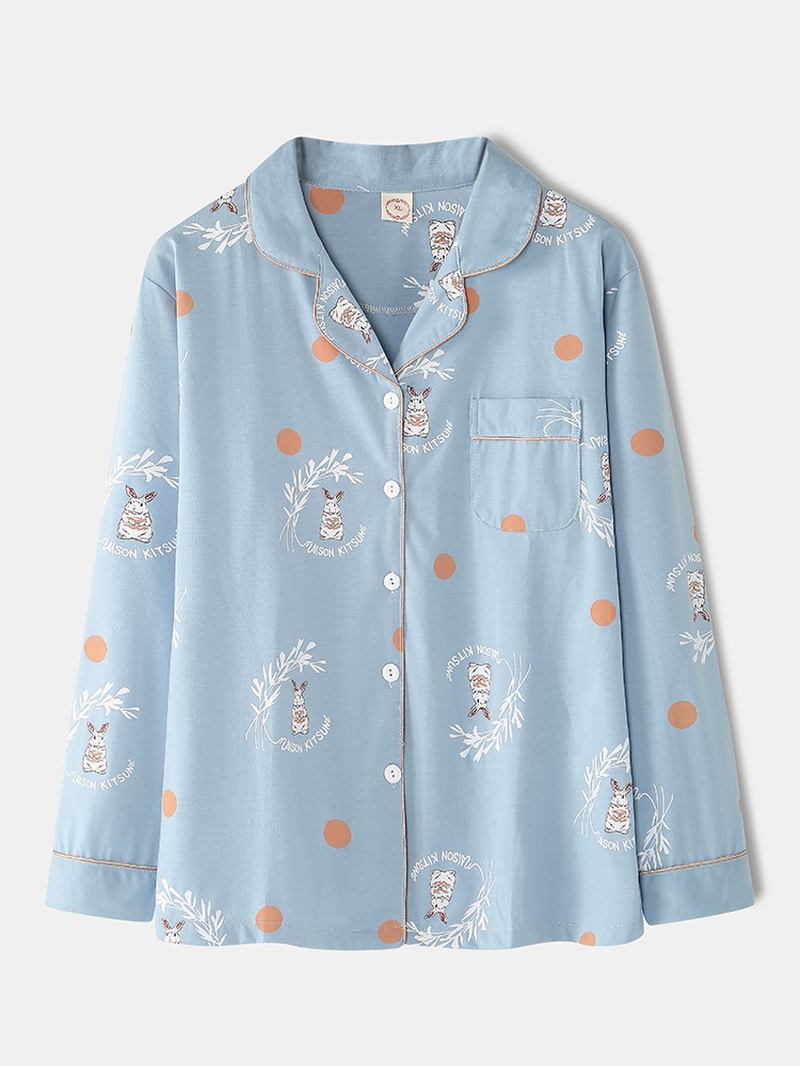 Kvinner Tegneserie Kanin & Polka Dot Med Trykk Skjorte Elastisk Midje Hjem Pyjamas Set