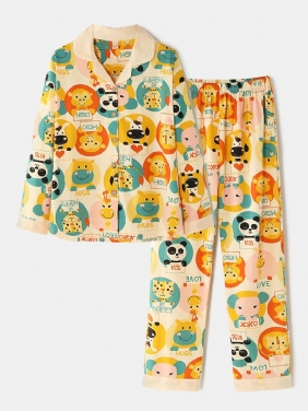 Kvinner Tegneserie Multi Animal Med Trykk Button Up Langermet Elastisk Midje Hjem Bomulls Pyjamassett