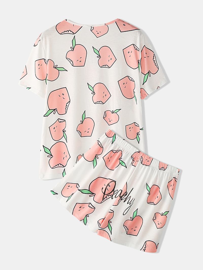 Kvinner Tegneserie Peach Med Trykk Kortermet Elastisk Midje Hjem Uformelt Pyjamassett