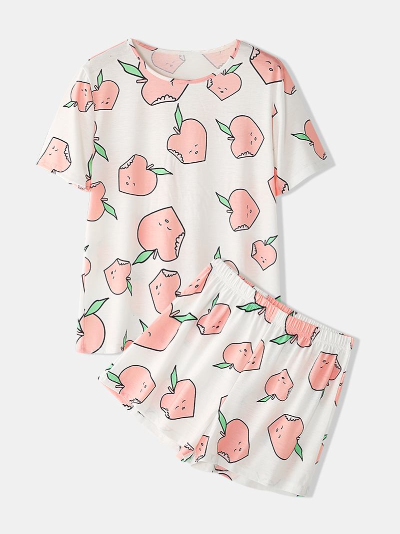 Kvinner Tegneserie Peach Med Trykk Kortermet Elastisk Midje Hjem Uformelt Pyjamassett