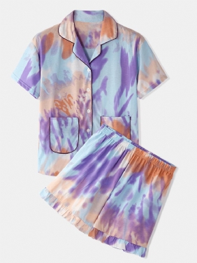 Kvinner Tie Dye Button Up Pocket Revere Krage Kortermet Hjemmepyjamassett