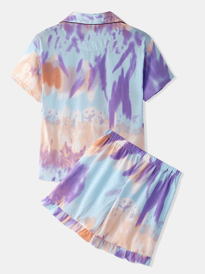 Kvinner Tie Dye Button Up Pocket Revere Krage Kortermet Hjemmepyjamassett