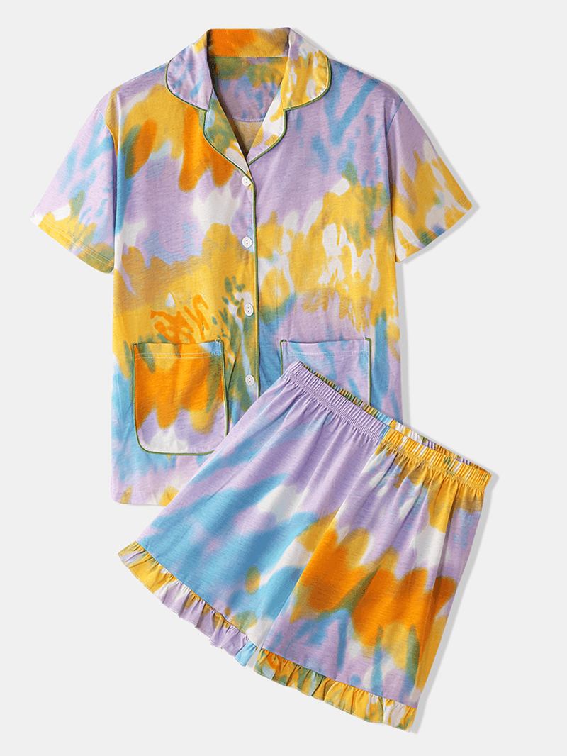 Kvinner Tie Dye Button Up Pocket Revere Krage Kortermet Hjemmepyjamassett