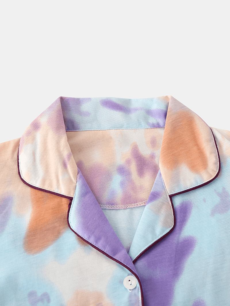 Kvinner Tie Dye Button Up Pocket Revere Krage Kortermet Hjemmepyjamassett