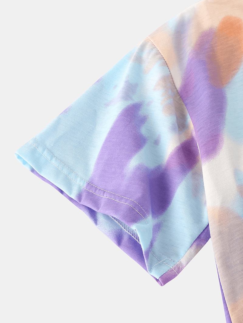 Kvinner Tie Dye Button Up Pocket Revere Krage Kortermet Hjemmepyjamassett